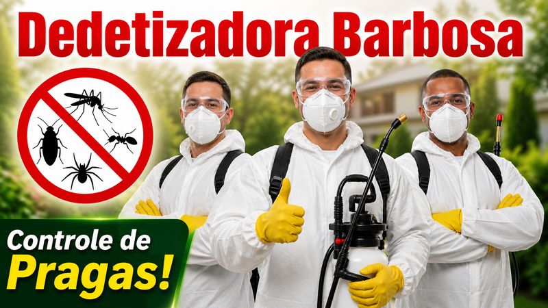 Equipe técnica da Dedetizadora Barbosa em uniforme de proteção, equipada para atendimento profissional de controle de pragas.