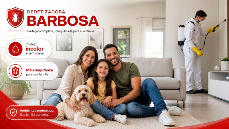 Família com filha e cachorro no sofá; ao fundo, técnico da Dedetizadora Barbosa aplicando produto incolor e sem cheiro.