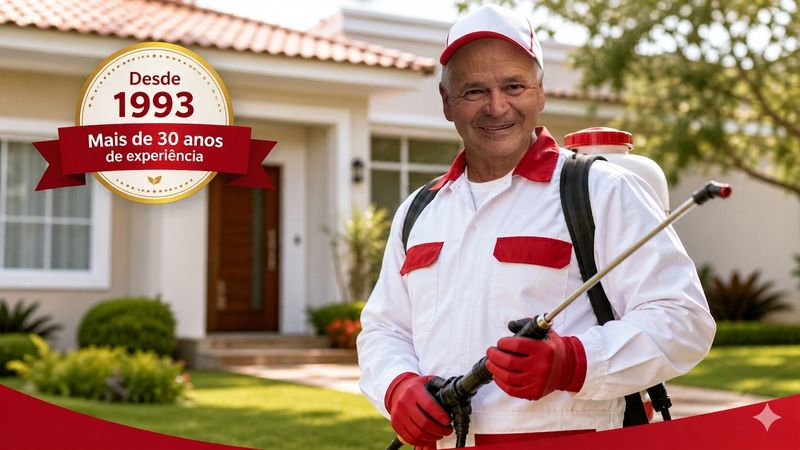 Técnico veterano da Dedetizadora Barbosa em frente a uma residência — mais de 30 anos de experiência desde 1993.